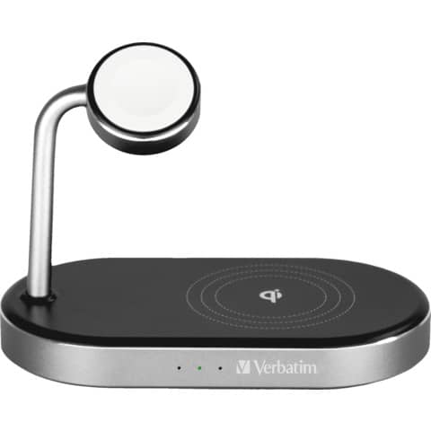 Ladestation WCS-02 Aluminium 3-in-1 Qi MFi Wireless+Apple Watch+QC 3.0 Charger  schwarz/silber VERBATIM 49556