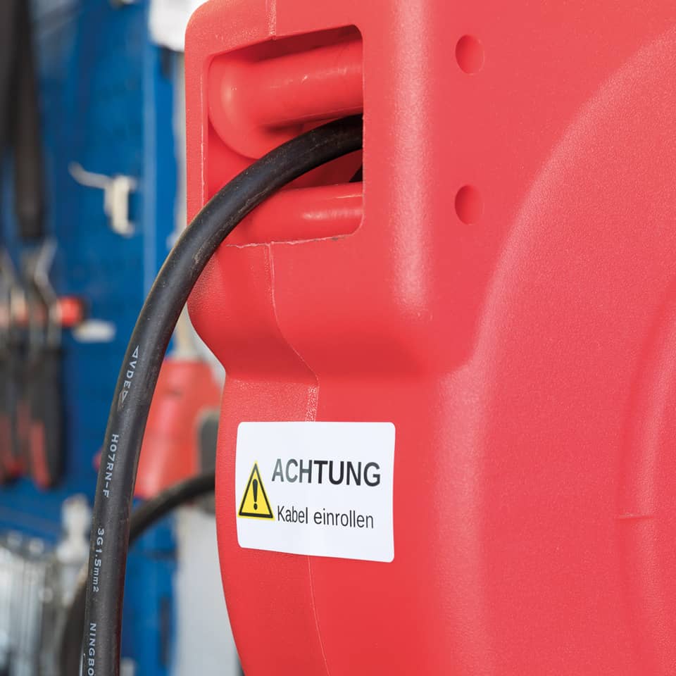 kabel, rotes gehäuse, warnschild, warnung, anschlusskabel