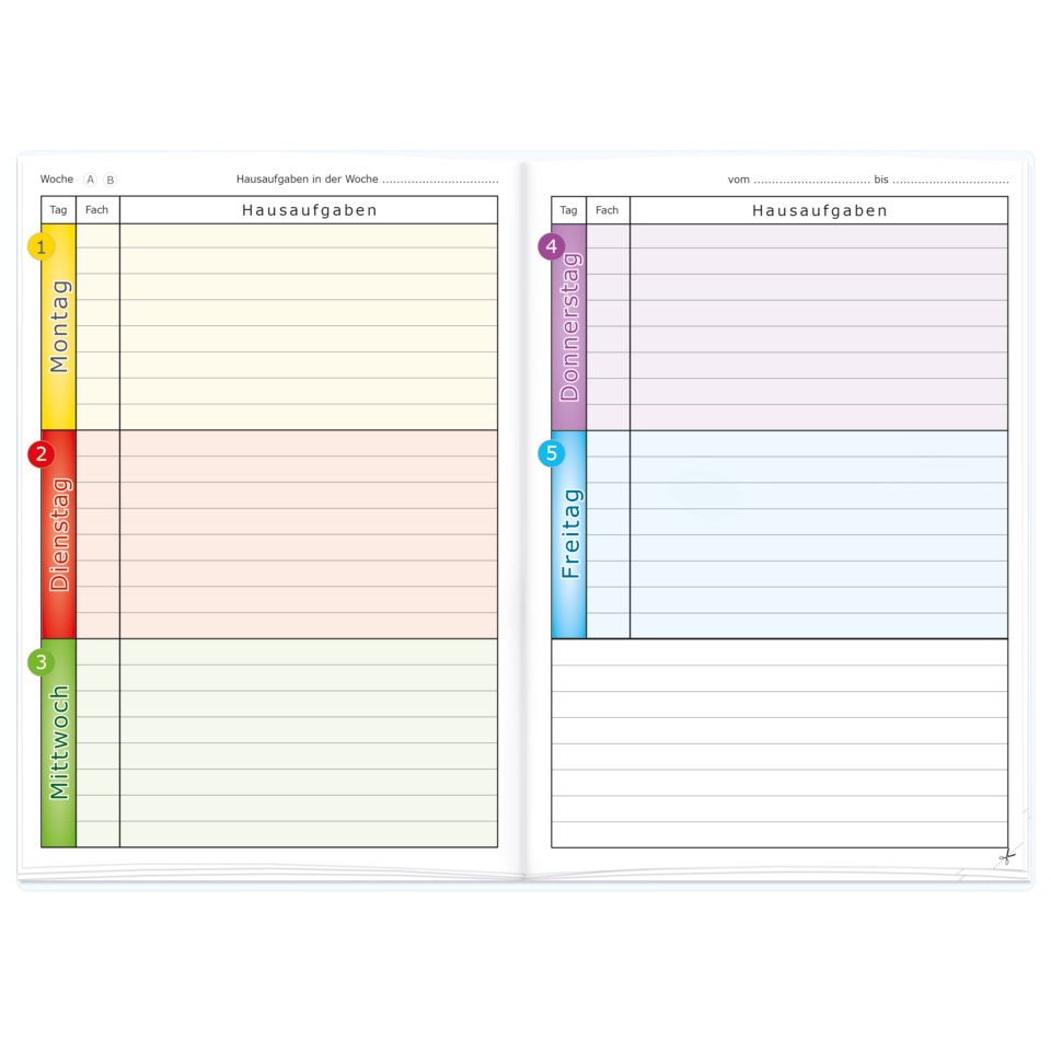 Schulplaner, Hausaufgabenheft, Kalenderlayout, Wochentage, Notizbuch mit Tagen