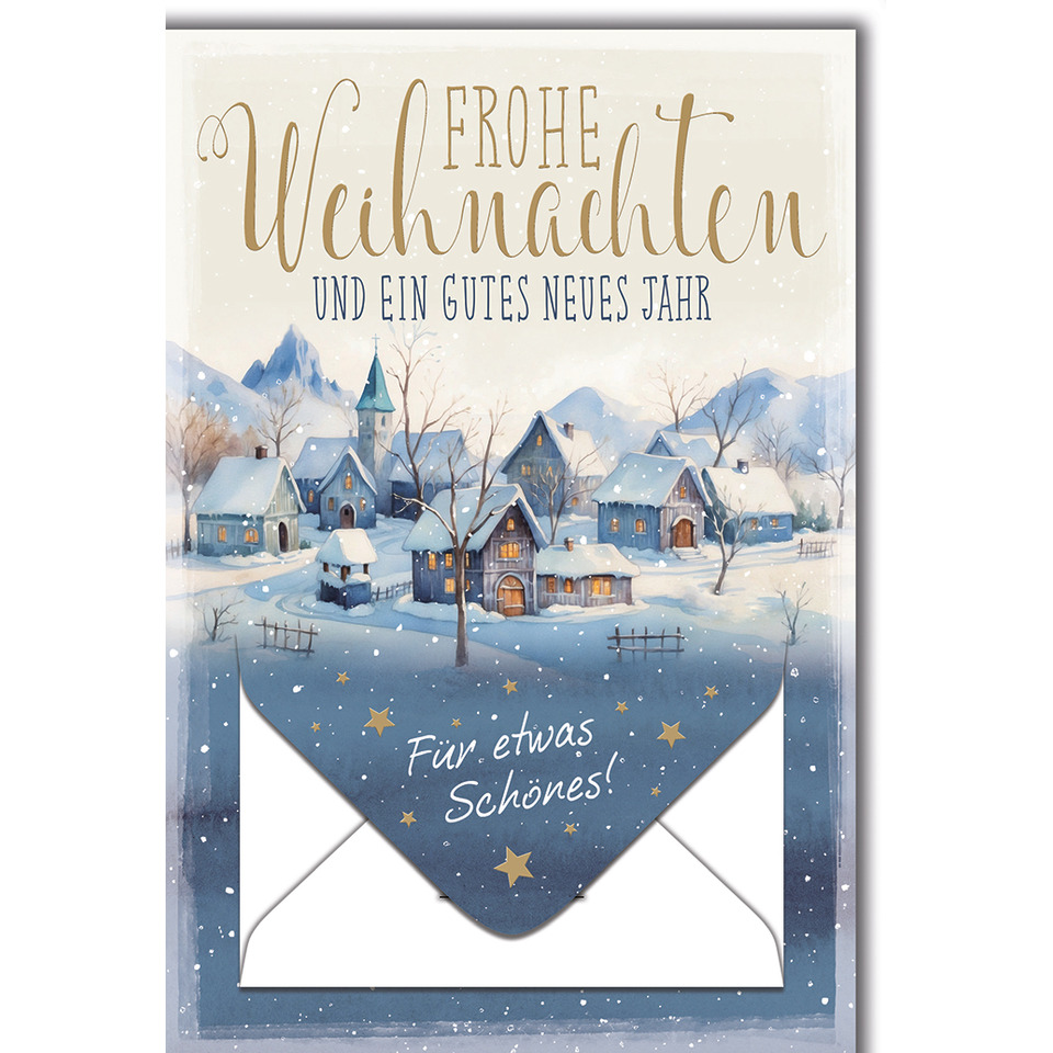 Weihnachtskarte, Winterlandschaft, Schnee, Häuser, Sterne