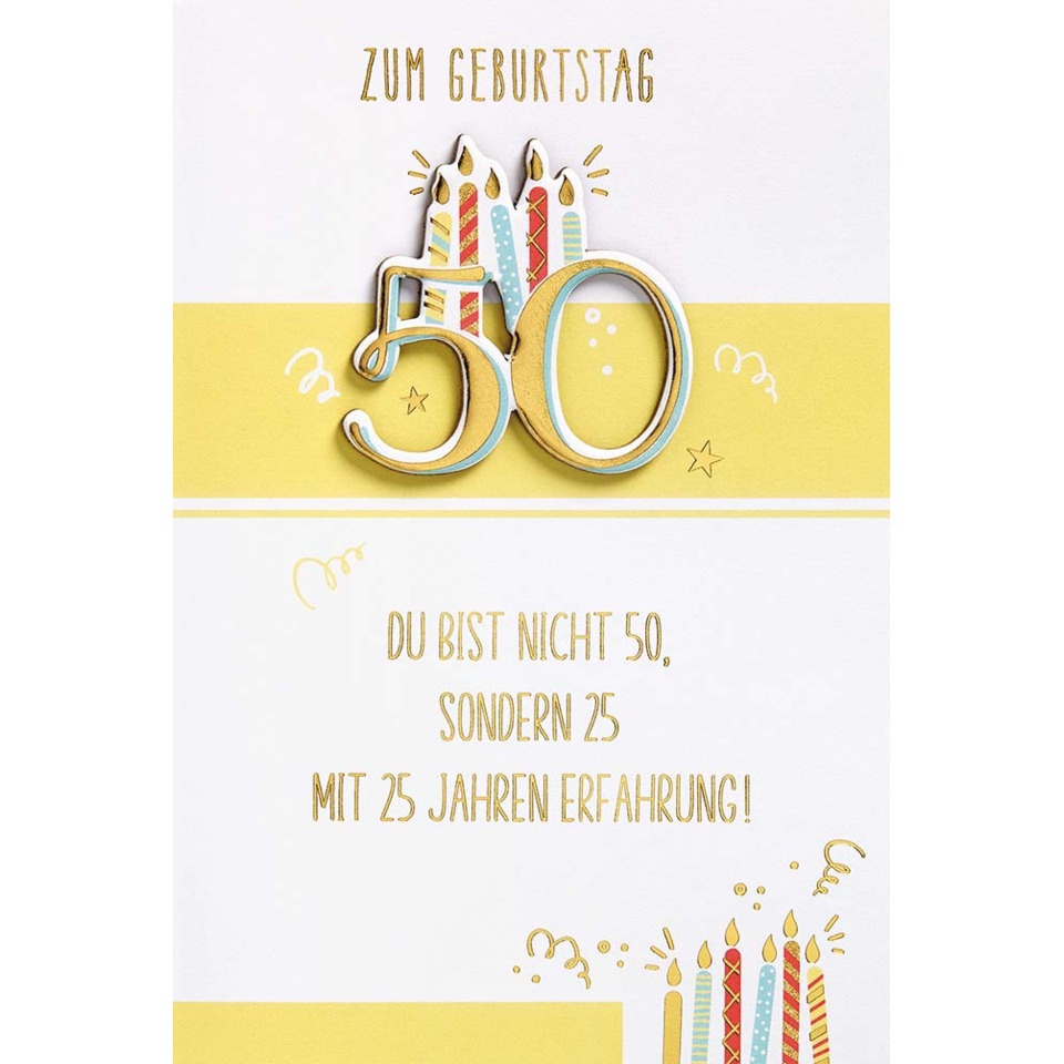 50sten, geburtstag, karte, kerzen, gold
