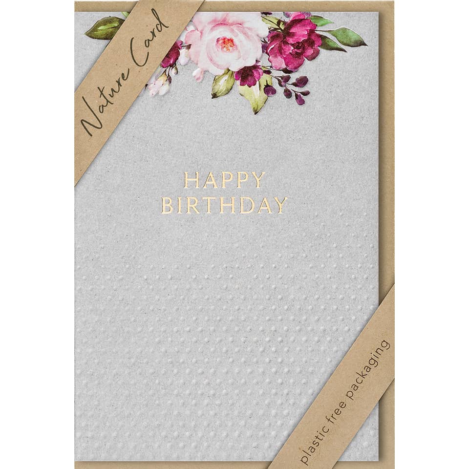 Geburtstagskarte, Blumenmuster, Grau texturiert, Goldene Schrift, Naturkarte