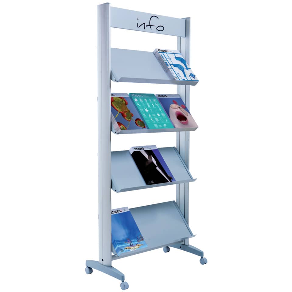 display stand, magazine rack, rolling stand, brochure holder, metal shelving