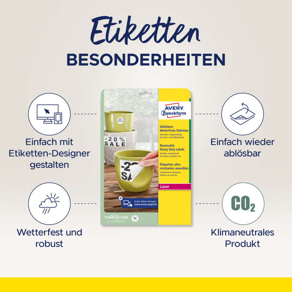 Etiketten, Etiketten-Designer, Klebeflächentyp, Wetterfest, Klimaneutral, Etiketten, Kaffeebecher, Avery, Laserlase, CO2-neutral