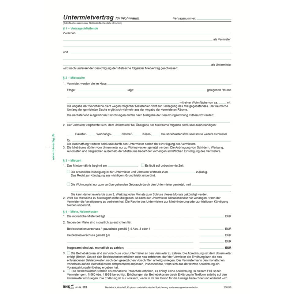 Untermietvertrag, Wohnraum, Mietvertrag, Mieter, Mietobjekt