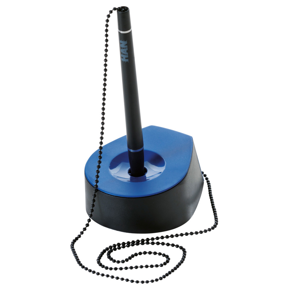 Schreibtischlampe, blaue Basis, schwarzer Stab, Kugelkette, Ständer