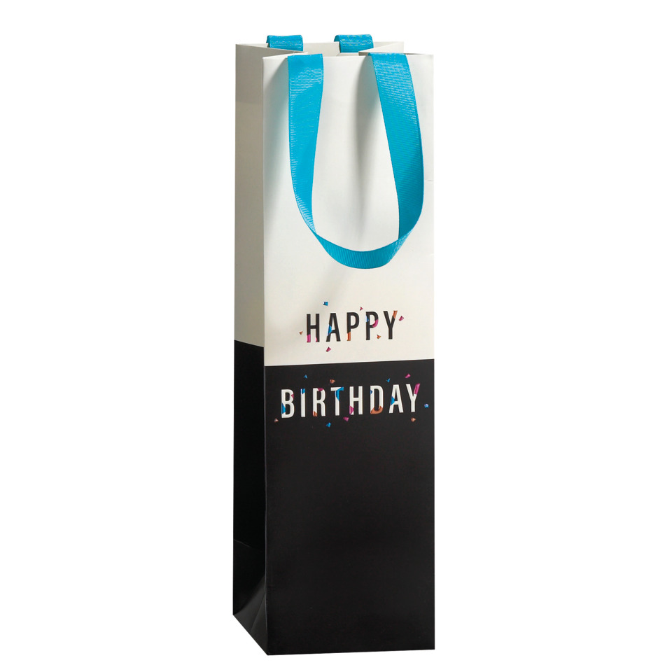 Geschenkverpackung, Birthday, Schwarz/Weiß, Blaue Tragetasche, Tragegriff blau