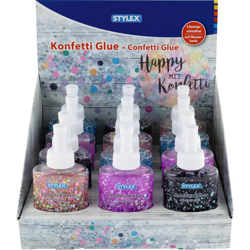 konfetti kleber, glitzer kleber, bastelkleber, farbkleber, bunter kleber