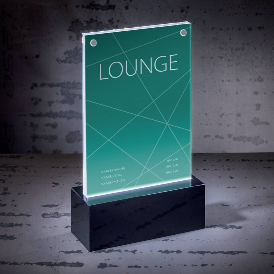 Lounge-Aktivator, Glastafel, LED-Display, Nebulook, Preisbanner