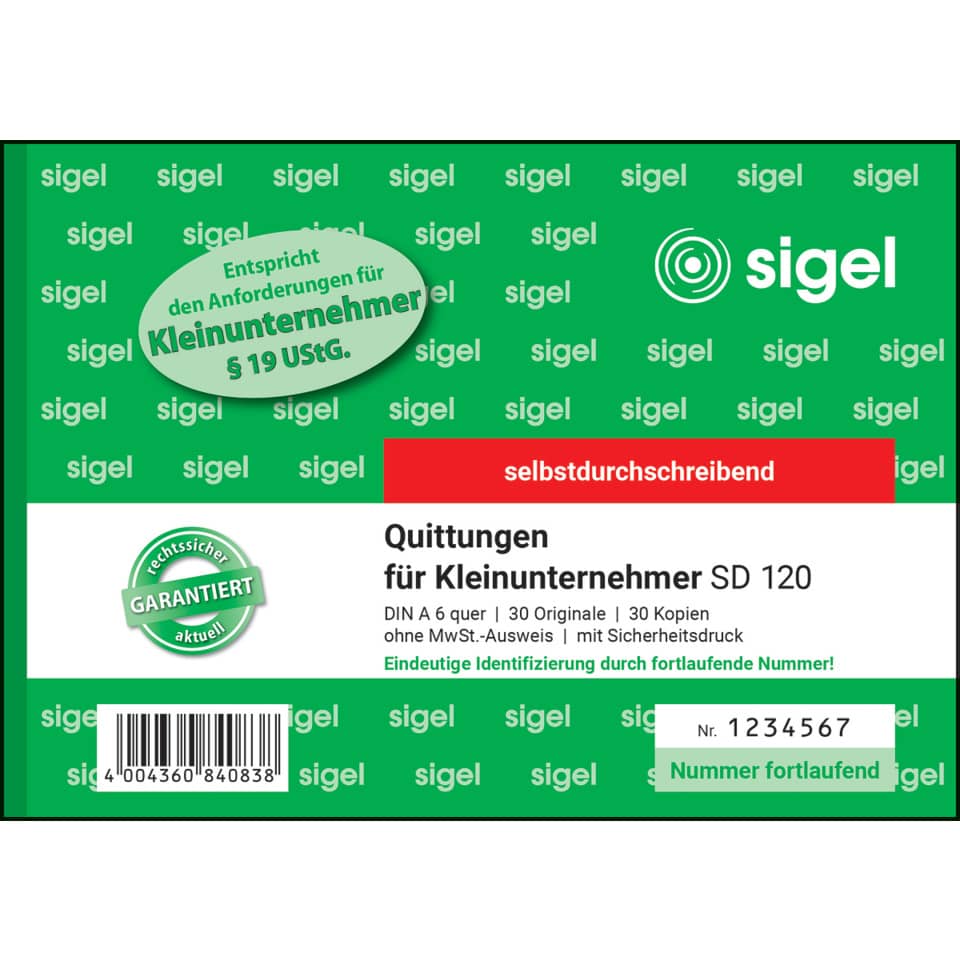 Quittung, Kleinunternehmer, Selbst durchschreibend, DIN A6, Quittungsstempel
