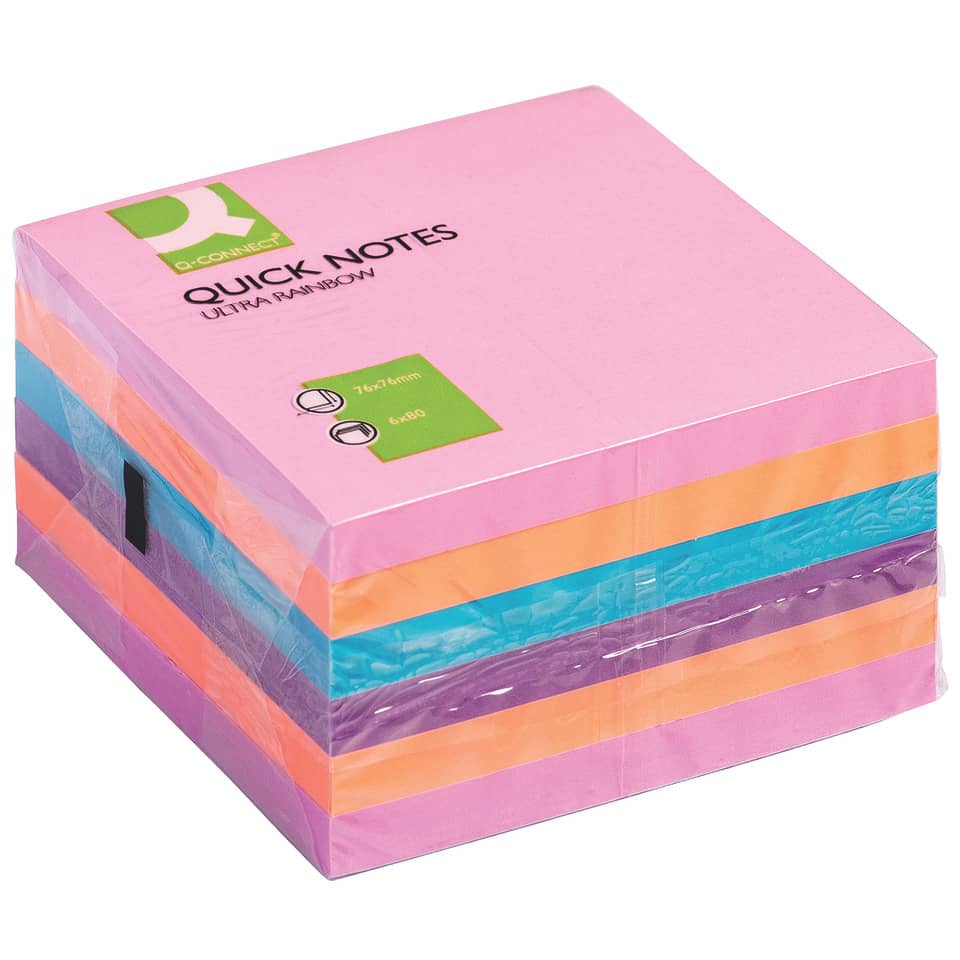 Haftnotizblock Ouick Notes, 80 Blatt, 6 Stück, 76x76mm, Ultrafarben sortiert Q-CONNECT KF02515 Kiste