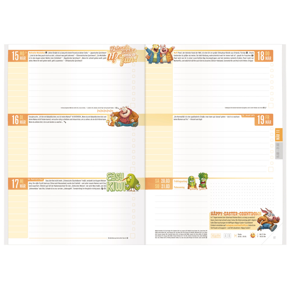 papierkalender, wochenkalender, cartoonfiguren, orange akzente, seitenlayout