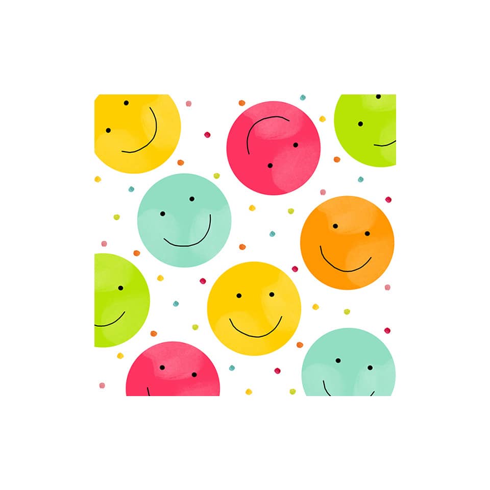 frohe Gesichter, bunte Kreise, Smiley Gesichter, Konfetti, Party Muster