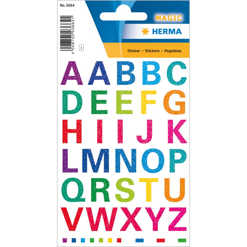 Alphabetaufkleber, Großbuchstaben, bunte Buchstaben, Glitzeroptik, Dekoraufkleber
