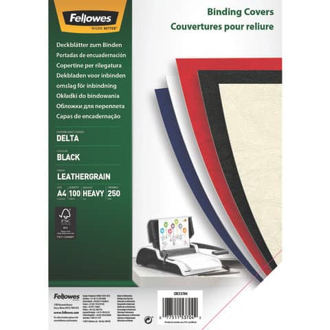 Präsentationsdeckblatt Delta, Karton, Lederstruktur, 250 g/qm, schwarz, 100 Stück FELLOWES 5370405
