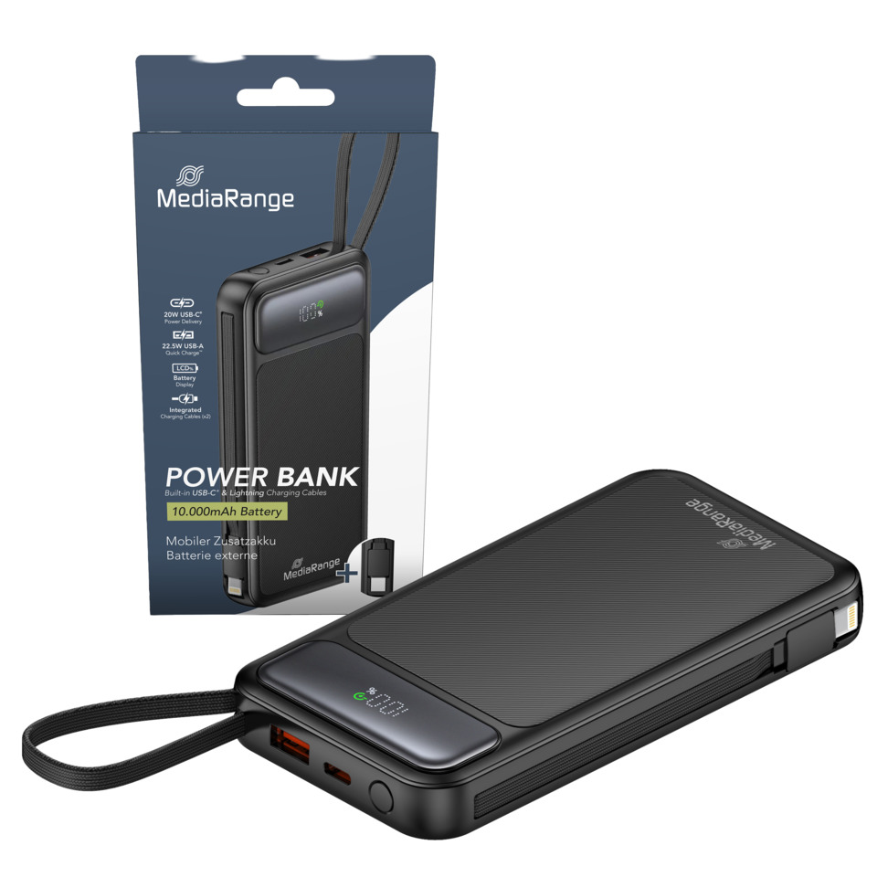 Powerbank, 10.000mAh, USB-C, LED-Anzeige, Integriertes Kabel