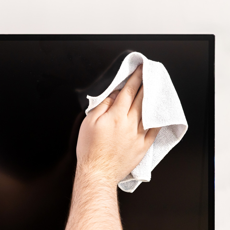Bildschirmreinigung, Hand, Mikrofaser, Tuch, Monitor