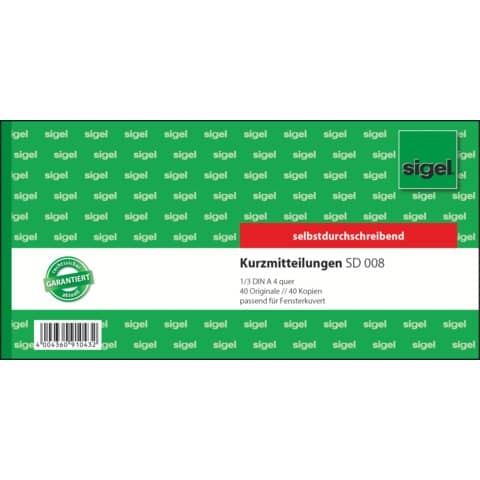 Kurzmitteilung, 1/3 A4, 2x40 Blatt SIGEL SD008