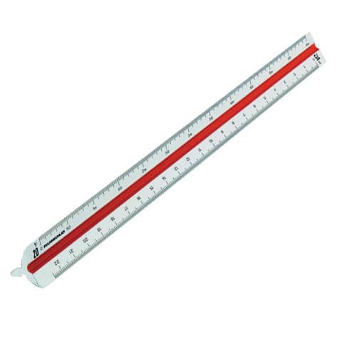 Dreikantmaßstab, weißer Kunststoff, 3 farbige Hohlkehlen, 30 cm, Teilung ingenieur DIN RUMOLD 160/DIN/30
