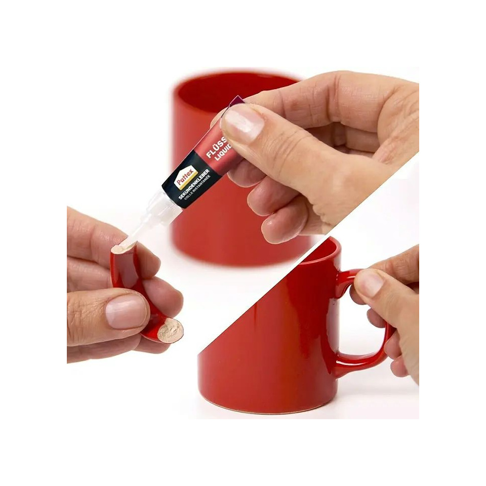 Klebestift, Flüssigkleber, Kunststoffbehälter, roter Becher, Mischwerkzeug