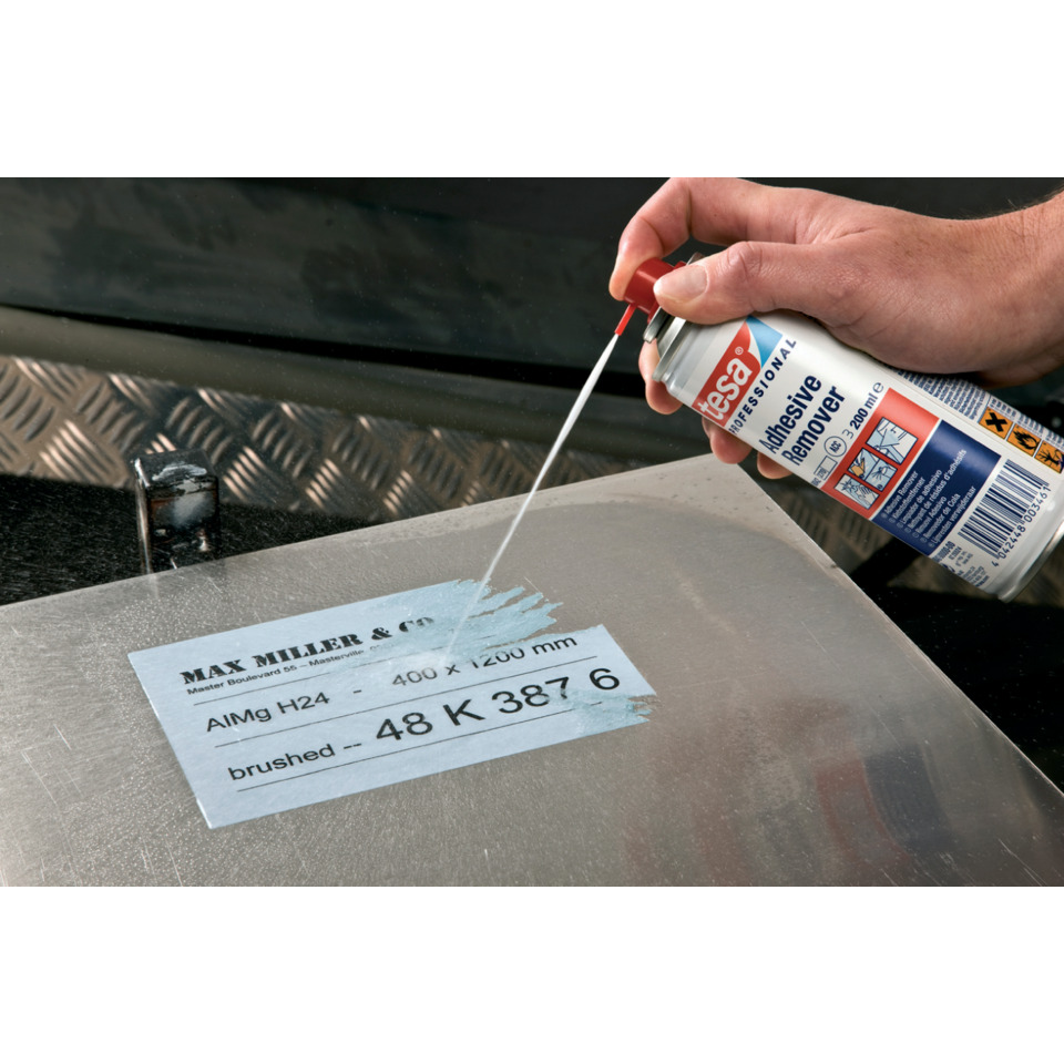 Adhesive remover, Spray can, Hand applying, Metal surface, Industrial label