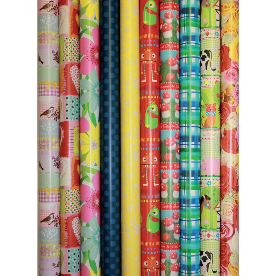 Geschenkverpackung, Gemustertes Gewebe, Rollenware, Sortierte Muster, Helle Farben