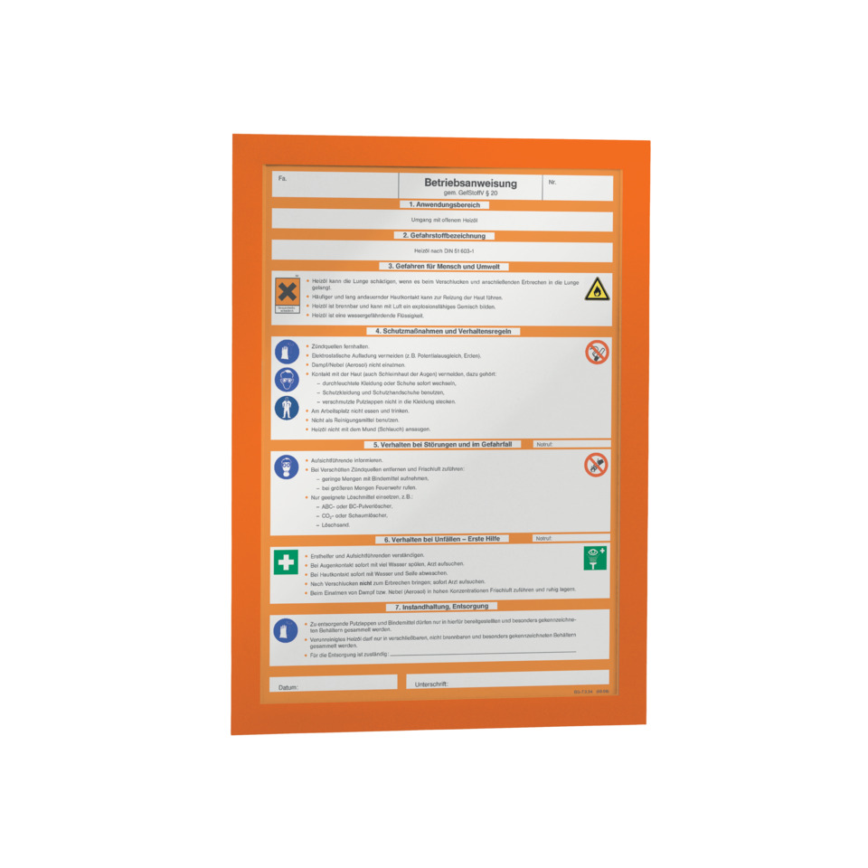 Sicherheitshinweise, Orangene Tafel, Gefahrenhinweis, Warnzeichen, Anleitungsblatt