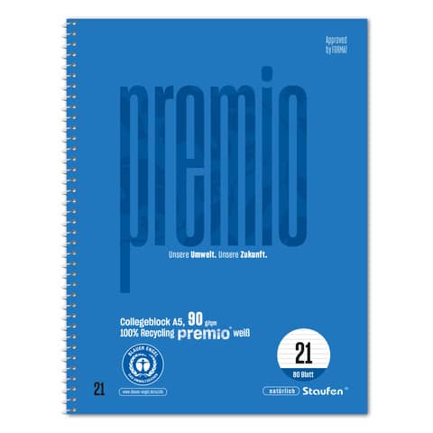 Collegeblock Premio, Spiralbindung, 90 g/qm, DIN A5, liniert, 80 Blatt STAUFEN PREMIO 040834021