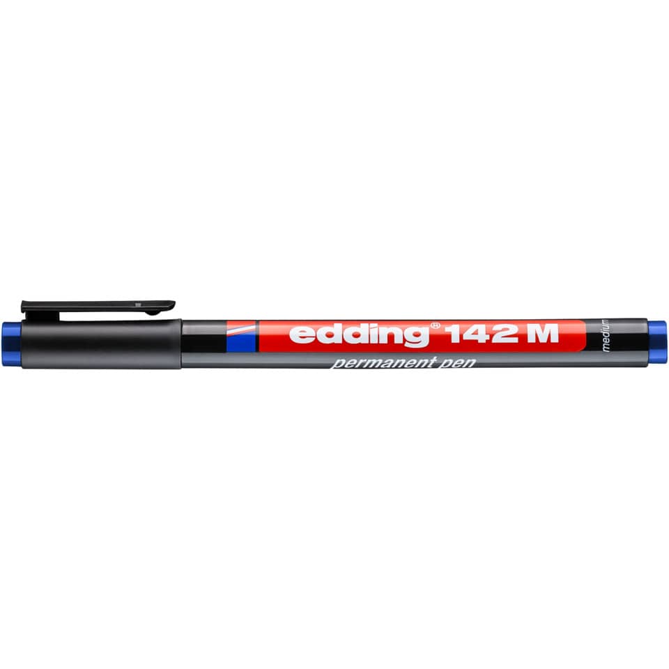  permanenter Stift, Marker, blauer Deckel, schwarzer Körper, rote Beschriftung