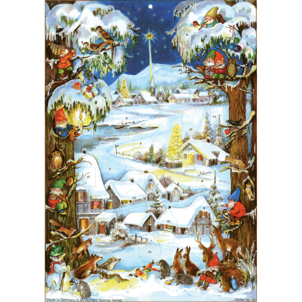 Adventskalender, Winterdorf, Schneeschnee, Waldzwerge, Tiere