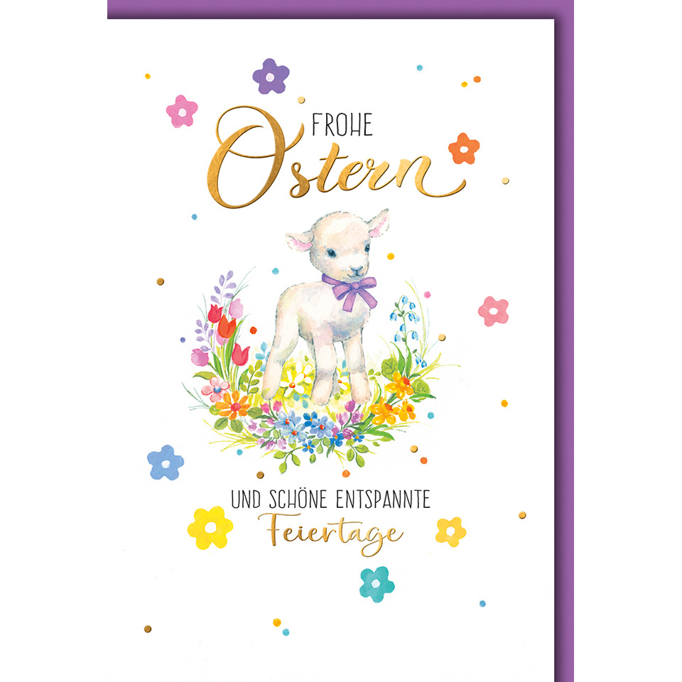 ostern, lammchen, blumenkranz, kartenmotiv, feiertage