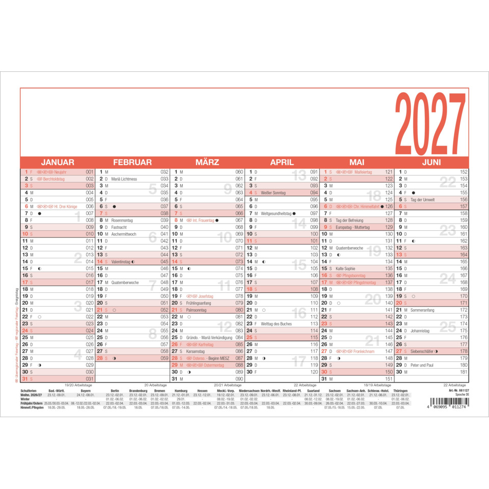 Kalender, Jahreskalender, Monatskalender, 2027, Kalendarium