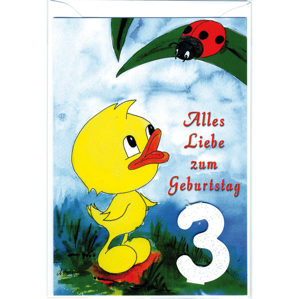 Geboetskarte, Gelbe Entenküken, Karte Geburtstag, 3 Zahl, rote Schrift
