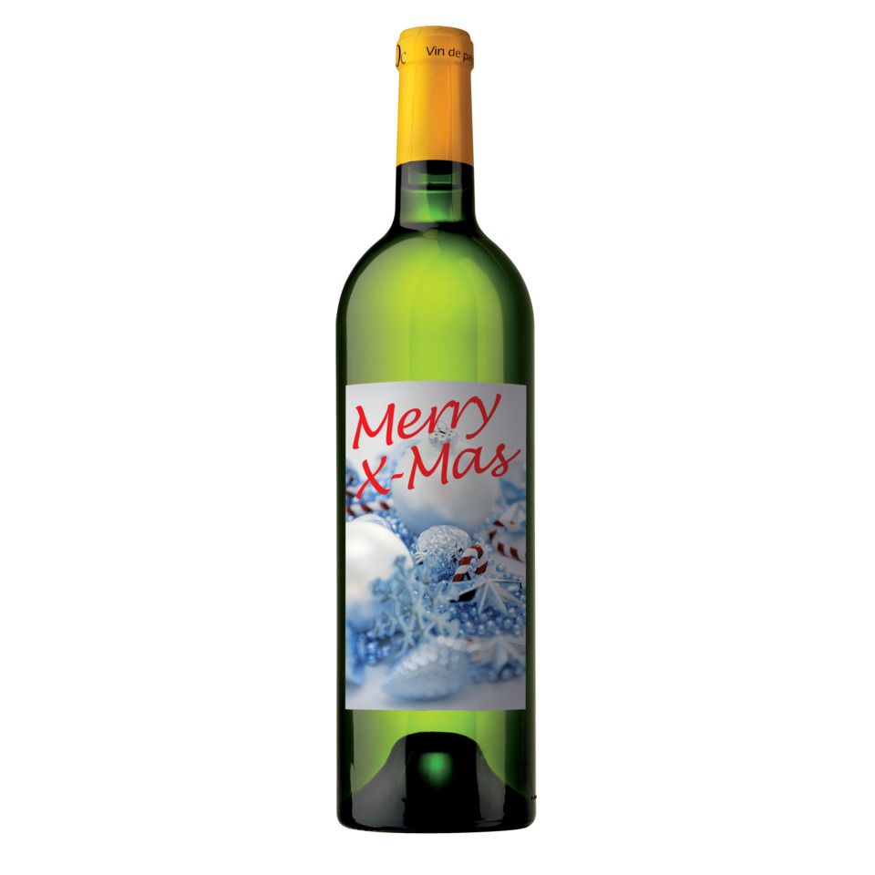 Weihnachtswein, Weißwein, Flasche, Dekorativ, Label Merry X-Mas, Weißwein, Flasche, Weißweinflasche, X-Mas, Weihnachtsdekoration