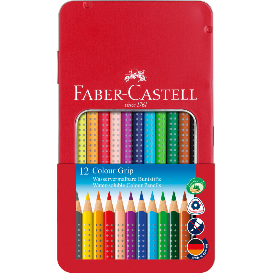 Buntstifte, Wasserlösliche Farbstifte, Buntstifte 12 Farben, Rund geformte Stifte, Faber-Castell Packung