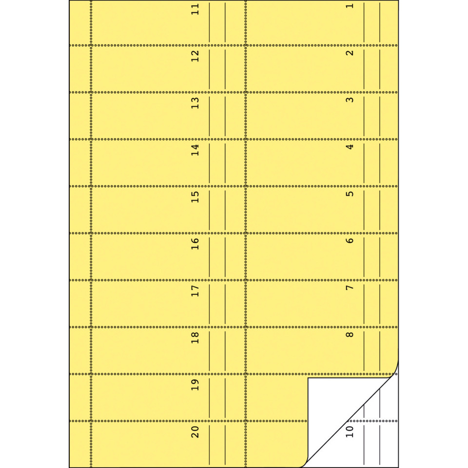 gelbe Box, Druckbogen, Labelschnitt, Abreißregister, Perforation