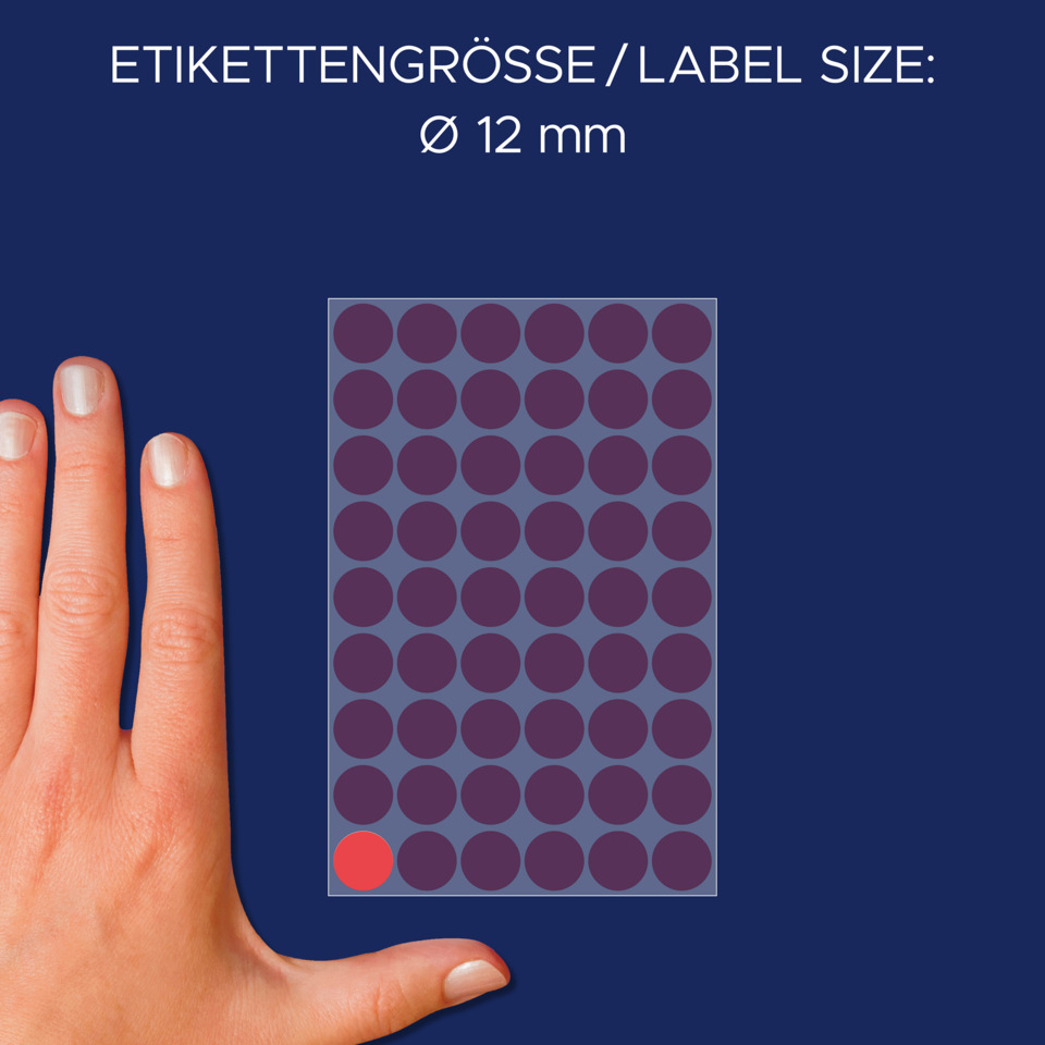 Perforiertes Blatt, Punktengitter, lila Punkte, Handmaß, Messetikett