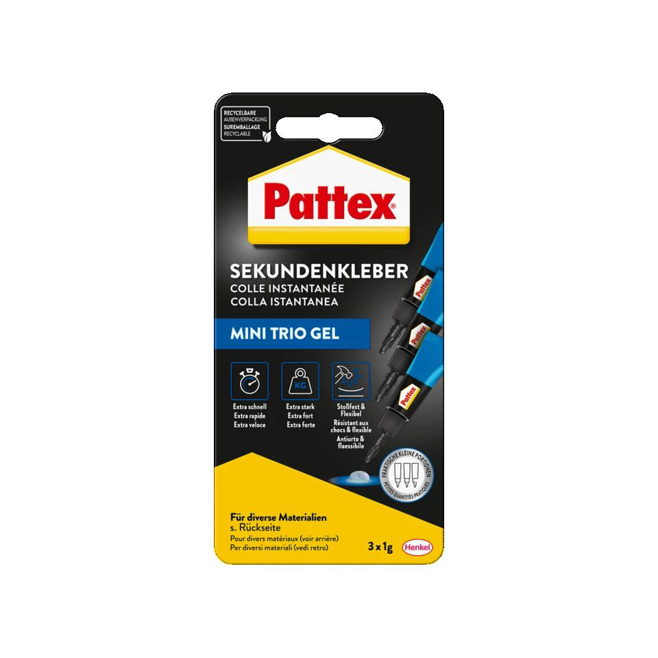 Erste Hilfe, Klebstoff, Sekundenkleber, Mini Trio Gel, Kleberfuge, Pattex