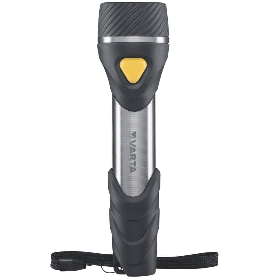 handheld flashlight, adjustable focus, LED flashlight, silber, schwarz-gelbe Akzente