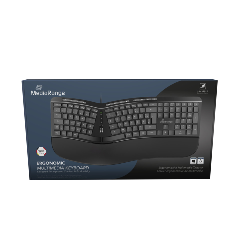 keyboard, ergonomic, multimedia, wired, black