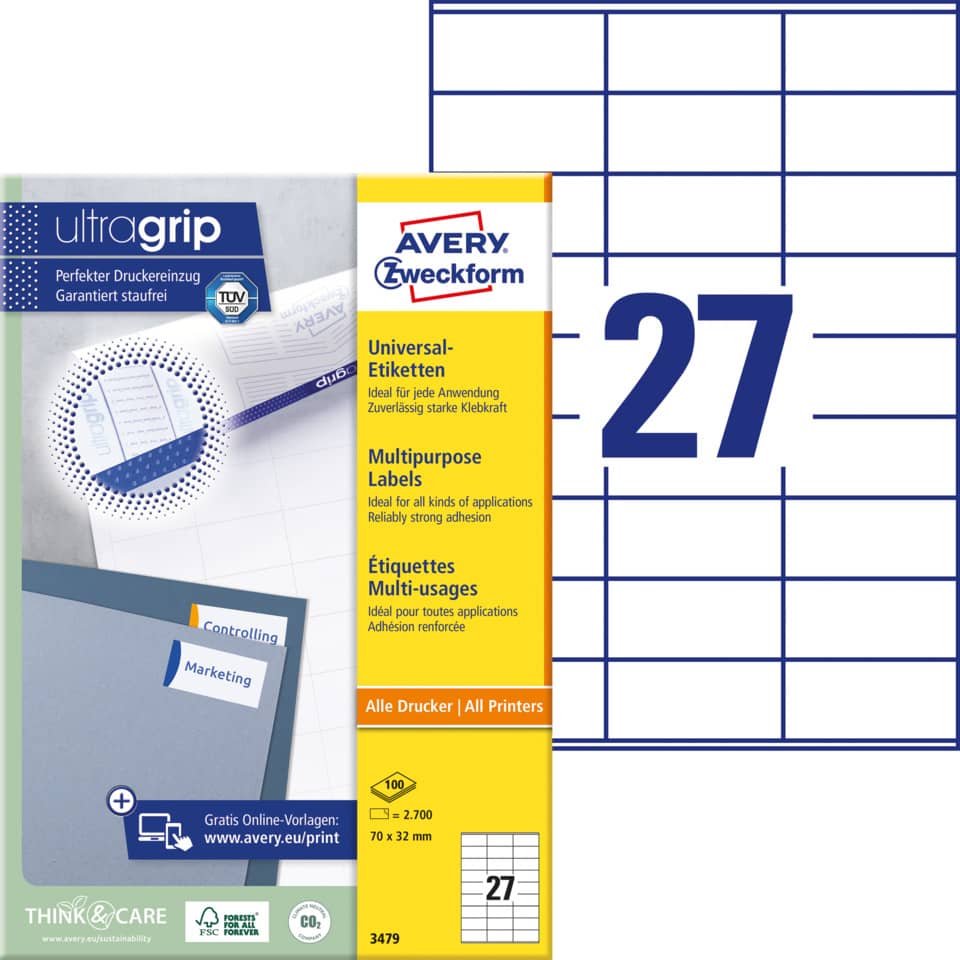 Etiketten, Universaletiketten, Multipurpose, Druckerpapier, Größe 70x32 mm
