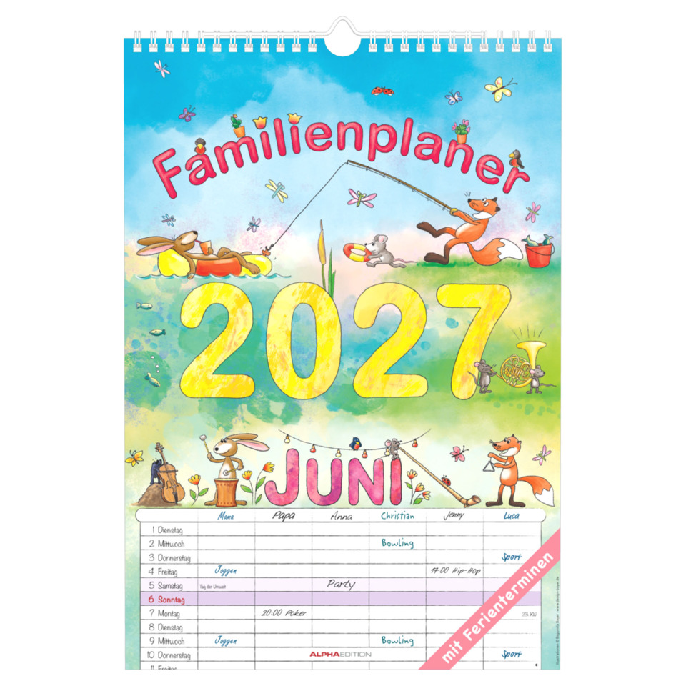  Kalender, Juni 2027, Familienplaner, Bunte Illustration, Ferientermine