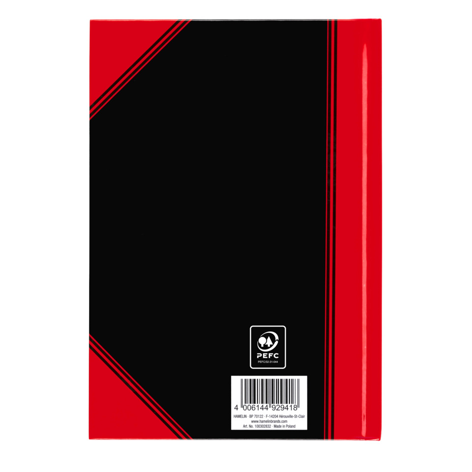 black panel, red border, diagonal lines, barcode, packaging label