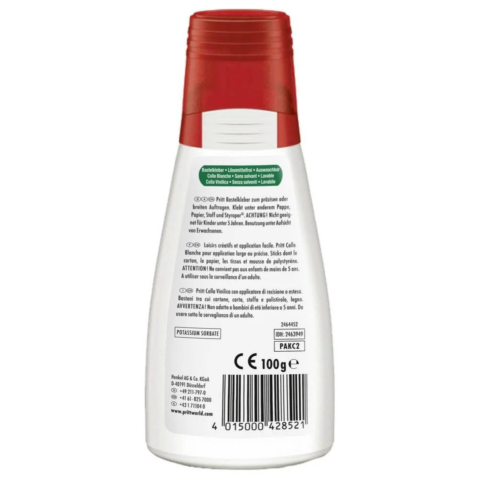 Klebstoff, Pottasche, Klebestoffflasche, weiße Flasche, rote Kappe