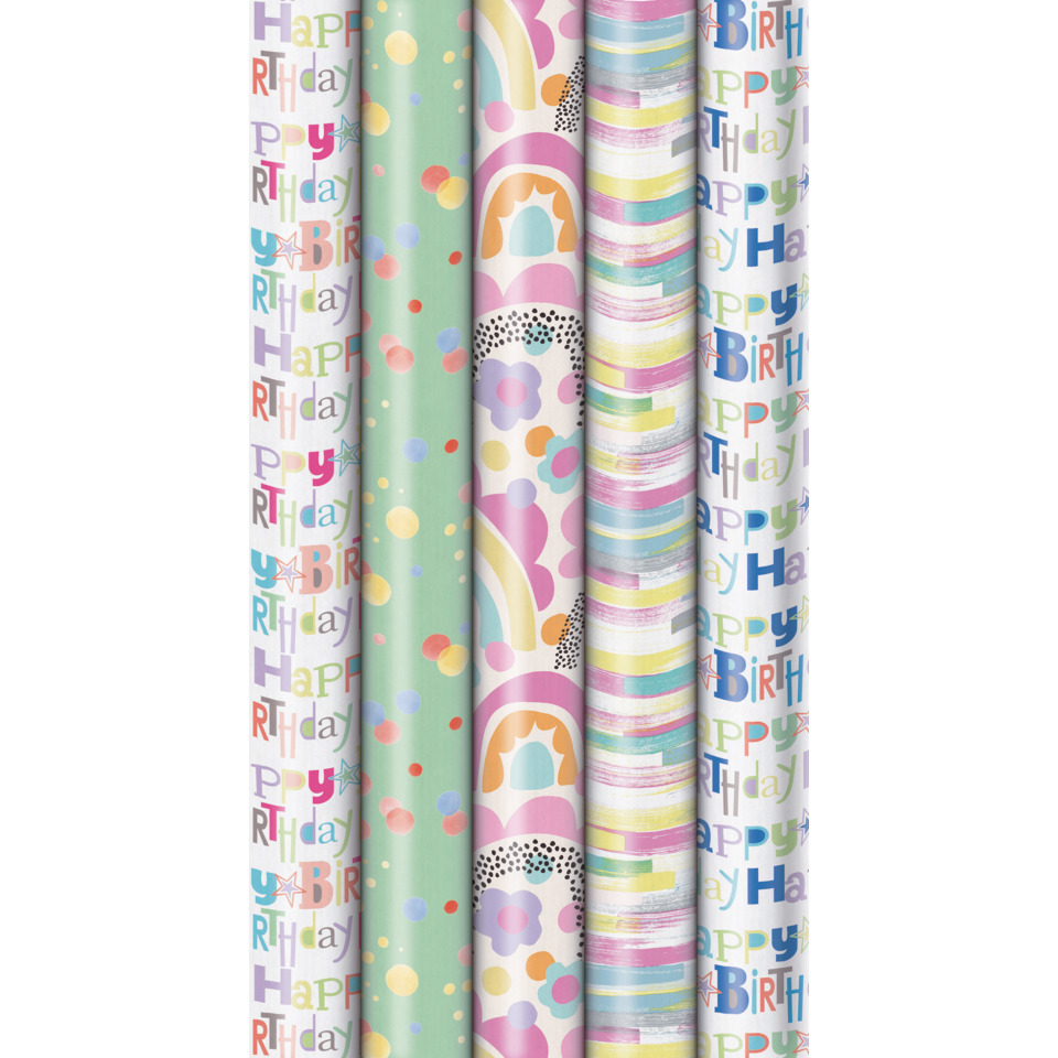 Geschenkpapier, Geburtstag, Rollen, Kopfteil, Pastell, Muster, Konfetti, Regenbogen