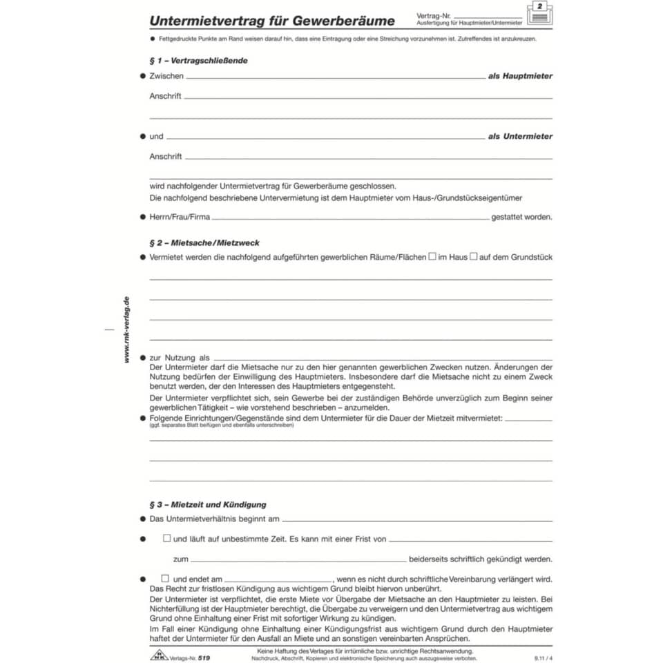 Untermietvertrag, Gewerbeebereich, Mietvertrag, Formular, Hauptmieter