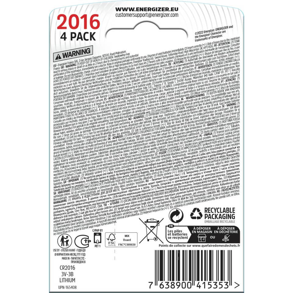 Lithium, Batterie, Verpackung, CR2016, 4er Pack