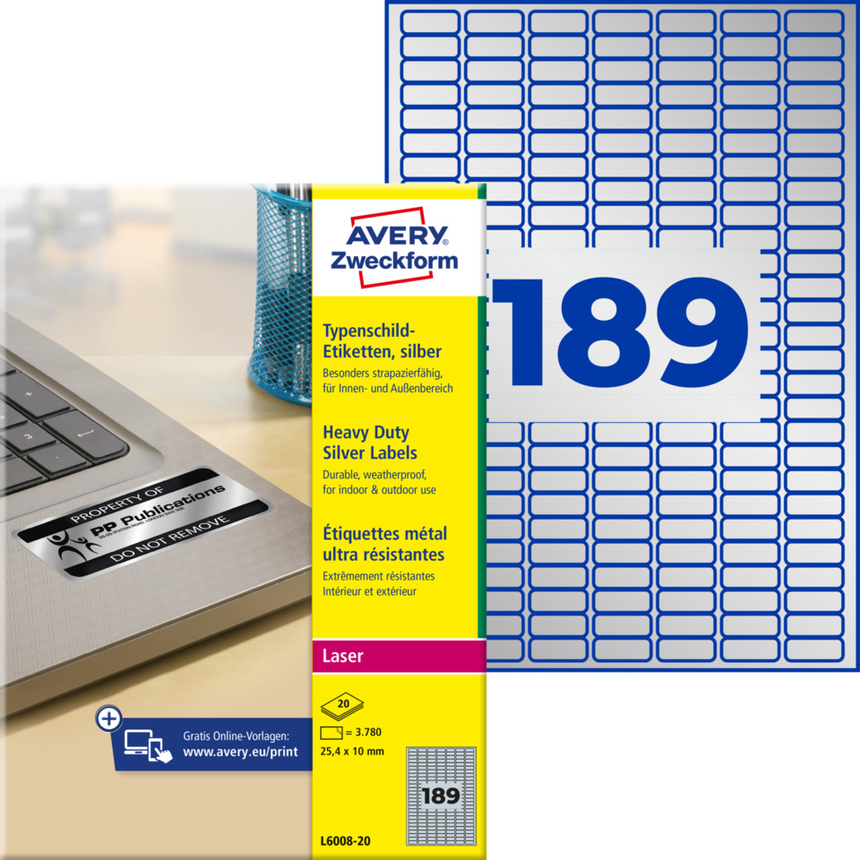 Etiketten, Bürobedarf, Silberne Etiketten, Laseretiketten, Avery