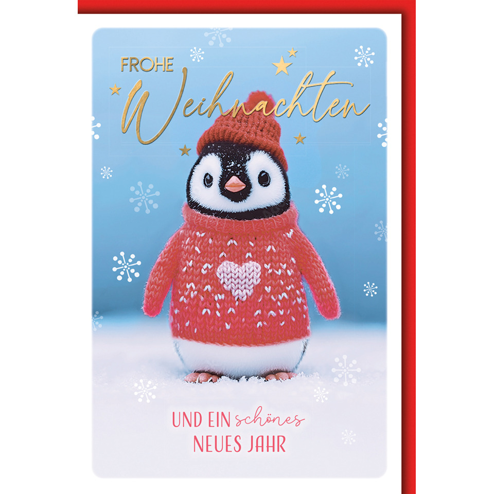 Pinguin, Wintergeschenk, Kartenmotiv, Strickpullover, Schneeflocken