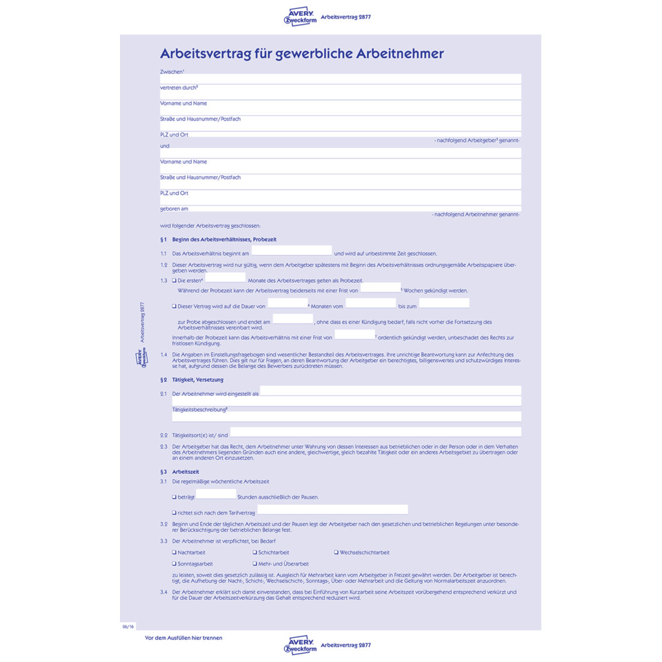 Arbeitsvertrag, Vertragsformular, Gewerbliche Arbeitnehmer, Formular, Unterschrift